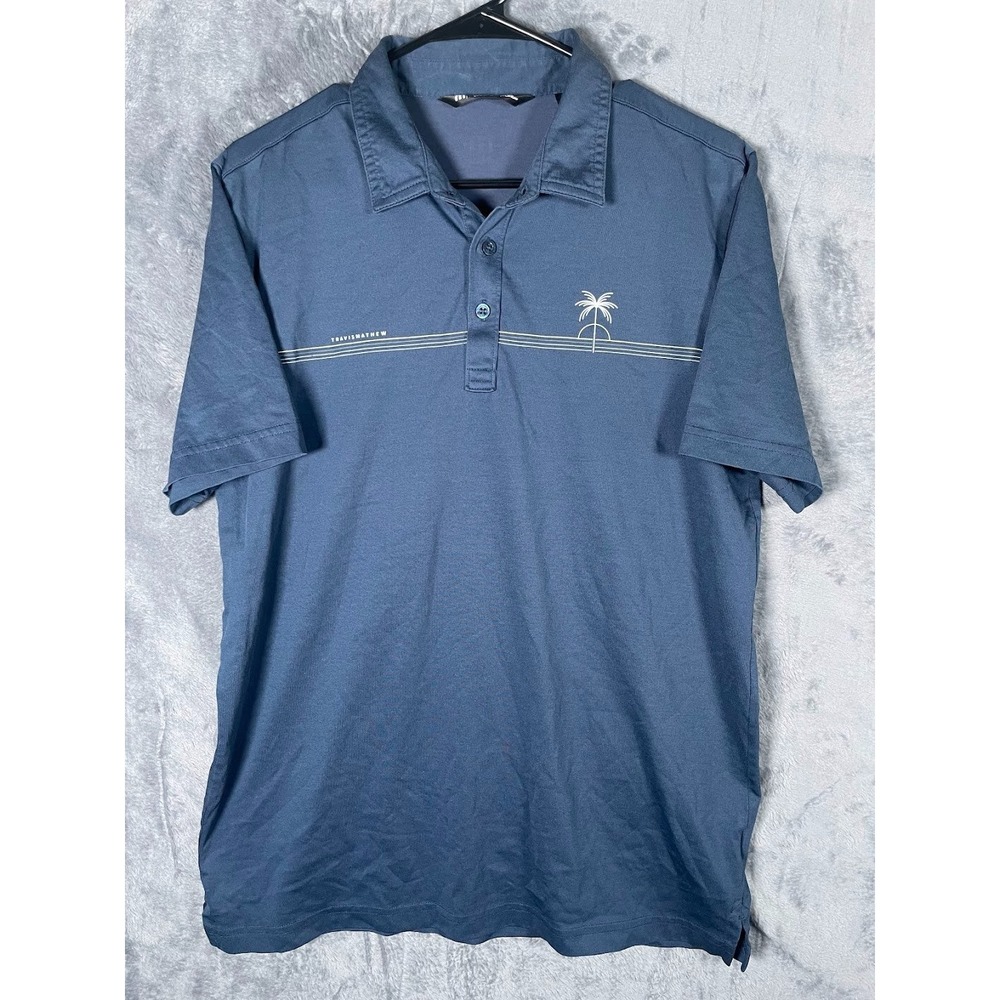 Travis Mathew Men's Pima Cotton Polo Shirt Blue Palm Tree Size Medium